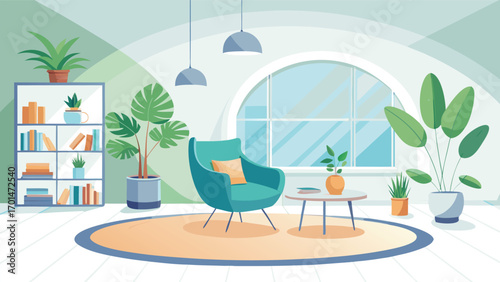 Inviting living room interior illustration with comfortable armchair, stylish decor, plants and soft light for peaceful home design concepts