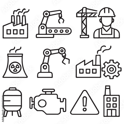 Industry line icon set. Featuring production, manufacturing, construction, engineering, industrial, engine vector