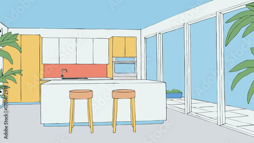 Stylish kitchen illustration with island and stools, perfect for interior design projects, showcasing modern living with a vibrant, clean aesthetic