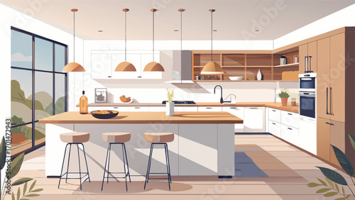 Stylish modern kitchen design with breakfast bar, inviting culinary space with natural light and minimalist decor for a contemporary home showcase