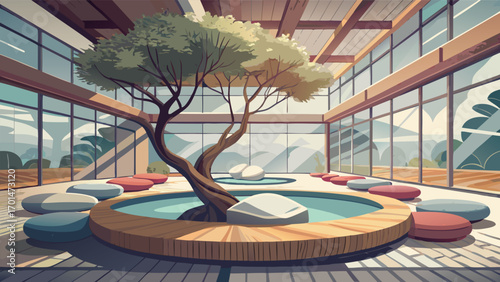 Discover inner peace in this bright atrium with meditation stones and serene tree, perfect for mindful relaxation and inspiring wellness retreats