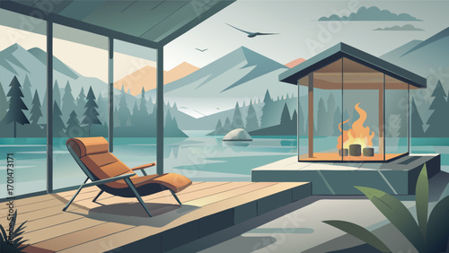 Relaxing lakeside cabin getaway with modern fireplace and stunning mountain views, perfect vacation rental retreat for peaceful relaxation and tranquil escape