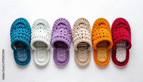 Colorful Crochet Slippers in a Row on White Backdrop Casual Indoor Comfort Footwear