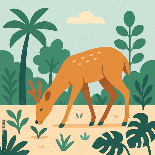 A graceful deer with spotted fur grazes peacefully in a lush, green forest clearing surrounded by tropical foliage and palm trees.