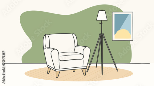 Create a cozy, modern vibe with this illustration of a stylish armchair, lamp, and framed art for your interior design and lifestyle projects today