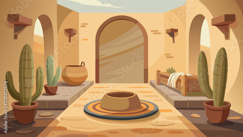 Serene desert oasis retreat with warm, earthy tones and calming ambiance, perfect for travel, relaxation, and home decor inspiration with southwest flavor