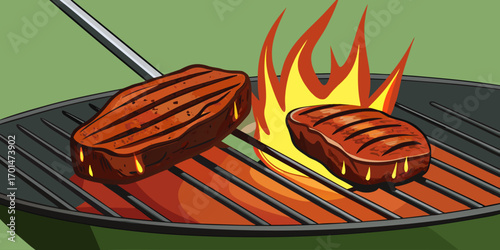 Beef steaks atop a grill, infused with flames and smoke, epitomizing the art of grilling and the joy of outdoor cooking during vibrant summer gatherings and .