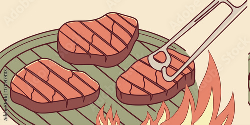 Beef steaks atop a grill, infused with flames and smoke, epitomizing the art of grilling and the joy of outdoor cooking during vibrant summer gatherings and .