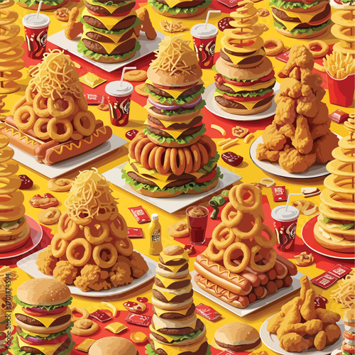 Cartoon style composition showcasing towering fast food arrangements and beverages, seamless pattern, Stock royalty.