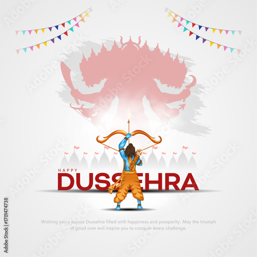 Happy Dussehra festival of India poster design. Lord Rama killing Ravana. Creative vector illustration with bow and arrow.