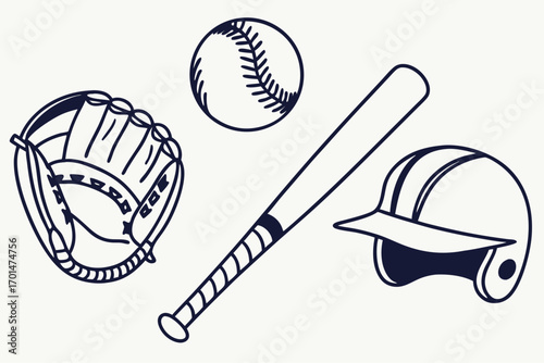 Baseball equipment line icons in minimalist style