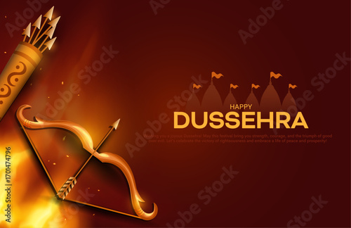Happy Dussehra festival of India poster design. Lord Rama killing Ravana. Creative vector illustration with bow and arrow.