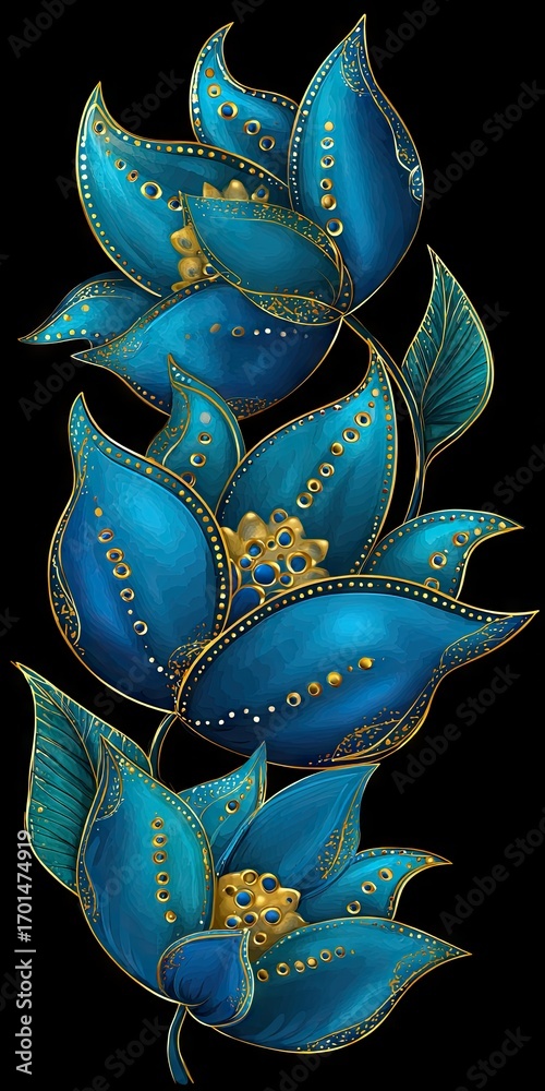 Obraz premium Ornate, stylized floral design featuring deep teal blossoms with gold accents, set against a striking black backdrop.