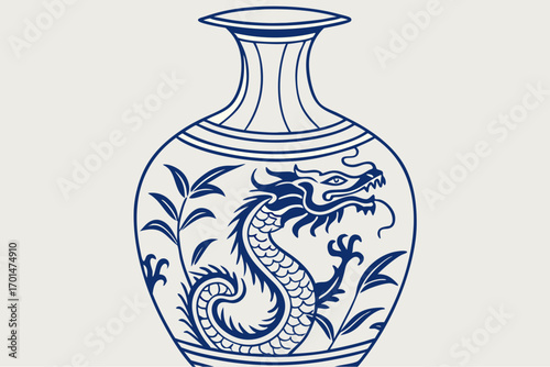 Blue and white porcelain dragon pattern, traditional Chinese style