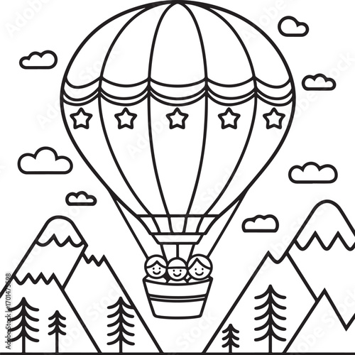 Hot Air Balloon Coloring Page with Happy Kids Flying Over Mountains and Clouds
