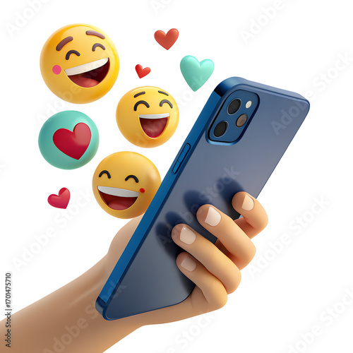 Mobile phone emojis hand hearts social media communication technology connection app sharing love , isolated on transparent background