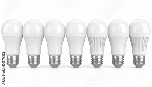 Row of Seven White LED Light Bulbs with Silver Bases on White Background