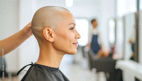 Bald woman in salon. Stylist's hand present. Side profile with blurred background