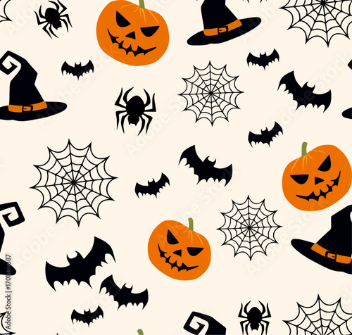 abstract cute Halloween seamless pattern with pumpkin and bat vector illustration design 