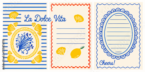 La dolce vita and cheers greeting cards with nautical and citrus motifs in blue yellow and red