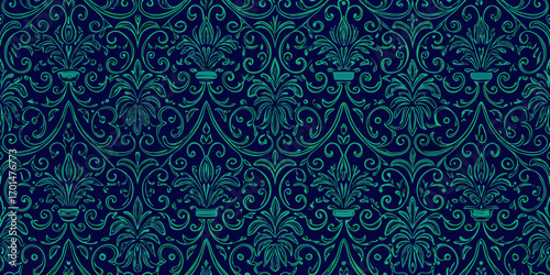 Elegant dark blue background with repeating teal floral damask pattern and ornate swirling vines