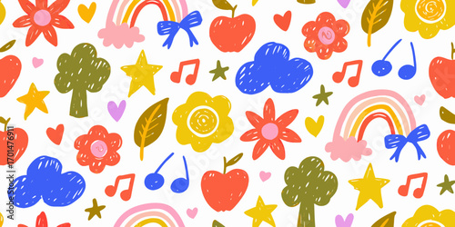 Cheerful hand drawn pattern of colorful childrens elements including apples flowers rainbows and music notes