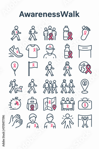 A comprehensive set of thin line icons for a charity fundraising or community awareness event. Vector symbols for social support gatherings
