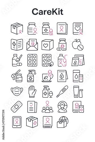 Charity marathon and fundraising run linear icons set. Symbols for race event, support, and community awareness campaign
