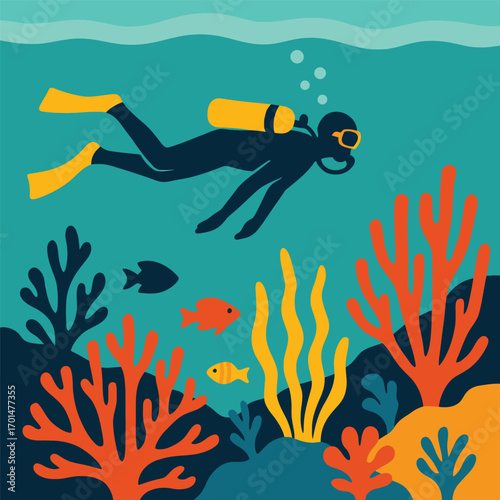 Diver exploring vibrant coral reef underwater.
