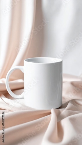 White Ceramic Mug on a Soft Peach Satin Fabric Background in Vertical Orientation for Mockup Design and