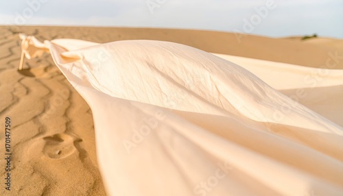 Fototapeta Naklejka Na Ścianę i Meble -  Cream Cotton Sheet Draped on Sand Dunes