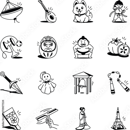 Set of Japanese Traditions Sketchy Style Icons 
