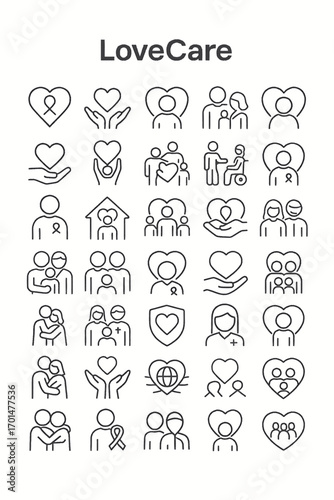 A comprehensive line icon set illustrating concepts of love, community support, family care, charity, health awareness, and social responsibility