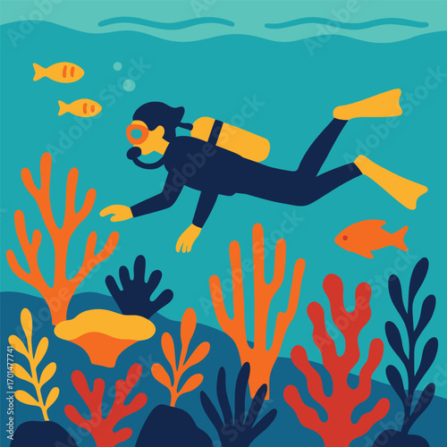 A diver explores a vibrant coral reef teeming with colorful fish and aquatic plants.