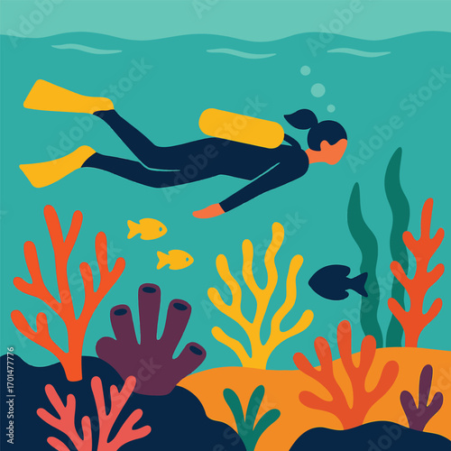A diver explores the underwater world, surrounded by colorful coral and fish.