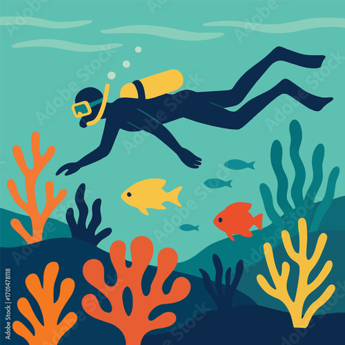 A diver explores the underwater world, surrounded by colorful coral and fish, enjoying the ocean.