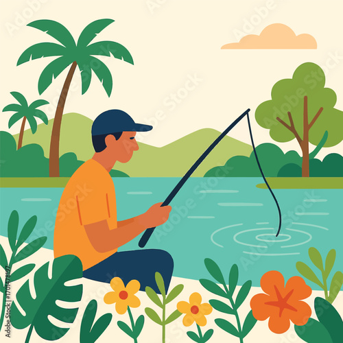 Illustration of a man fishing by a lake with palm trees and foliage.