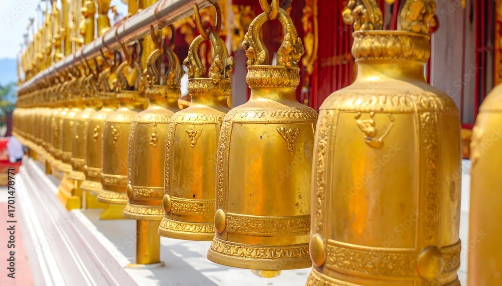 Fototapeta premium A row of ornate golden bells hangs from a temple wall, gleaming in the sunlight.