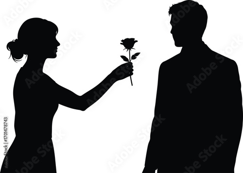 Silhouette of woman giving a rose to man, romantic gesture, love expression, affection, relationship, connection, trust, caring, intimate moment