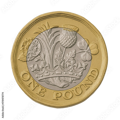 British one pound coin on transparent background.