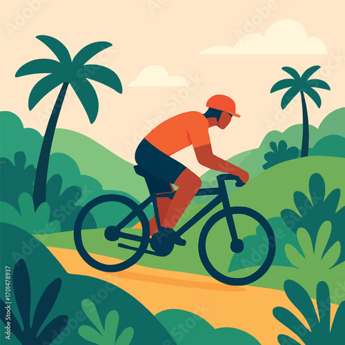 A person rides a bicycle on a dirt path surrounded by lush green foliage and palm trees.
