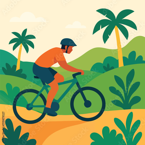 A person riding a bicycle on a trail surrounded by lush green hills and palm trees under a bright sky.