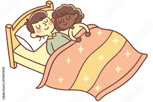 Characters lying in bed scene, cozy resting and cuddling