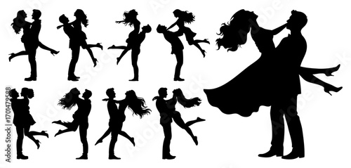 Romantic Couple Man Lifting Woman in Air, Love Pose, Black  Silhouette Vector Set on Transparent Background