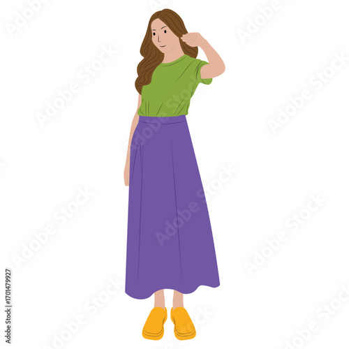 Woman Standing Character Illustration - Casual Outfit, Long Skirt, Minimal Style Pose.