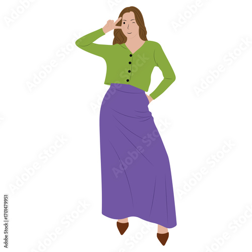 Confident Woman Character Illustration - Two finger salute Pose with Long Skirt and Buttoned Shirt.
