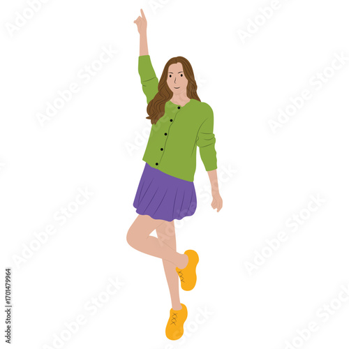 Cheerful Woman Character Illustration - Pointing Up Pose with Short Skirt, Casual Style.