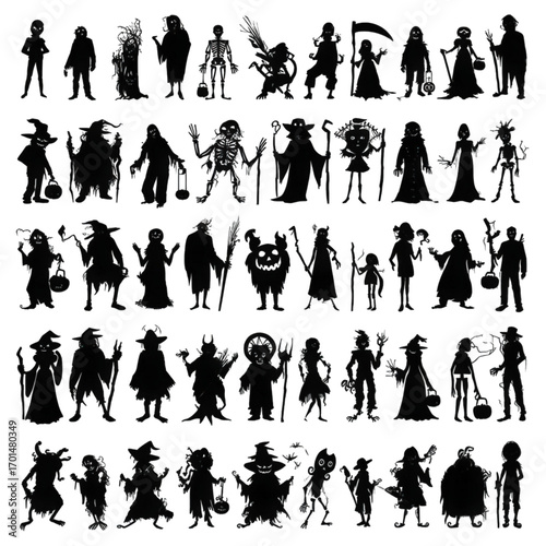 Large collection of Halloween character and monster silhouettes.