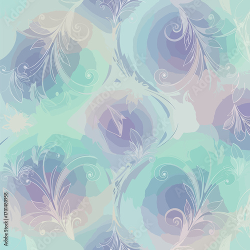 Artistic watercolor background with floral swirls and soft pastel hues design, seamless pattern, Stock royalty image.