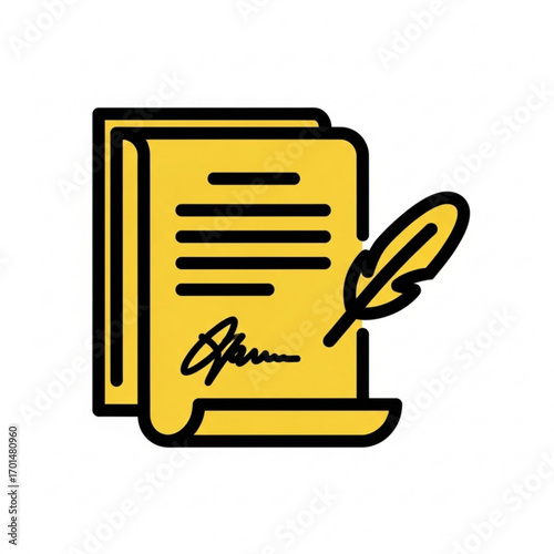 Vector art of yellow document with signature and feather quill pen